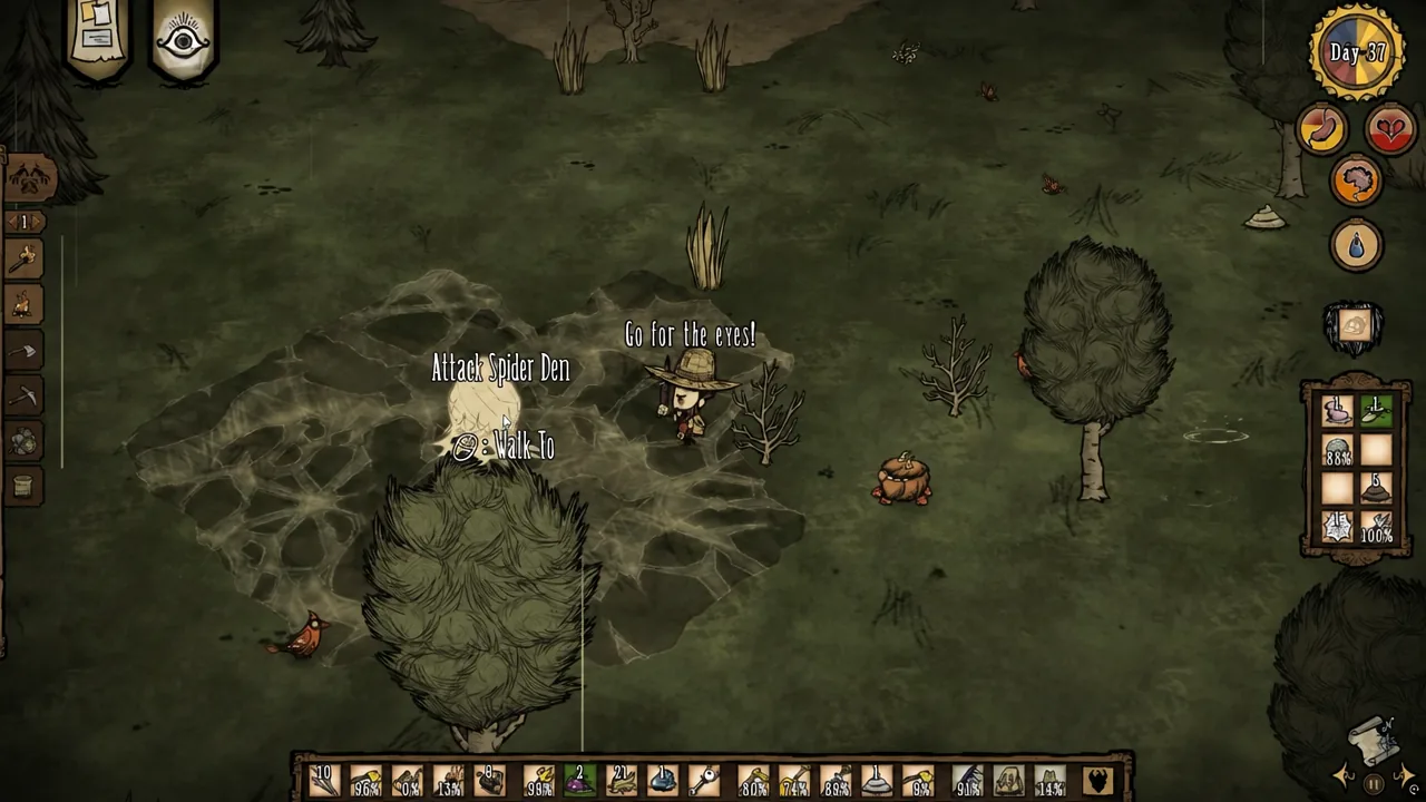 The Attack Spider Den option selected on the nest mound in the game world