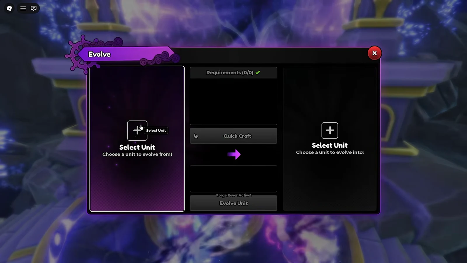 The Evolve menu open in the Anime Expeditions lobby with the Select Unit button highlighted.