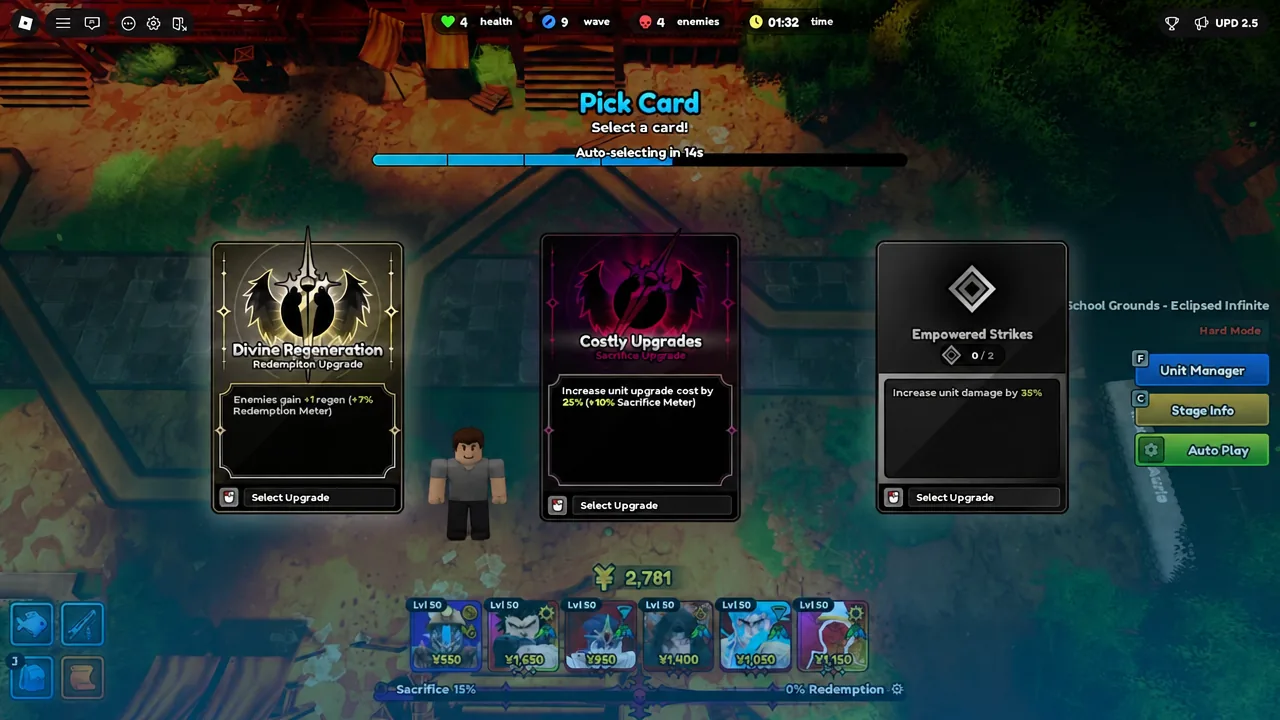 The Pick Card screen showing three selectable upgrade cards during an Eclipsed Infinite run.