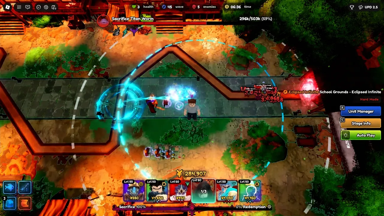 An Eclipsed Infinite run on School Grounds facing the Sacrifice Titan Worm boss with Auto Play on.
