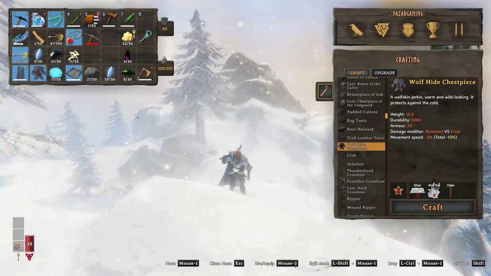 Crafting menu showing the Wolf Hide Chestpiece recipe with its materials and armor stats