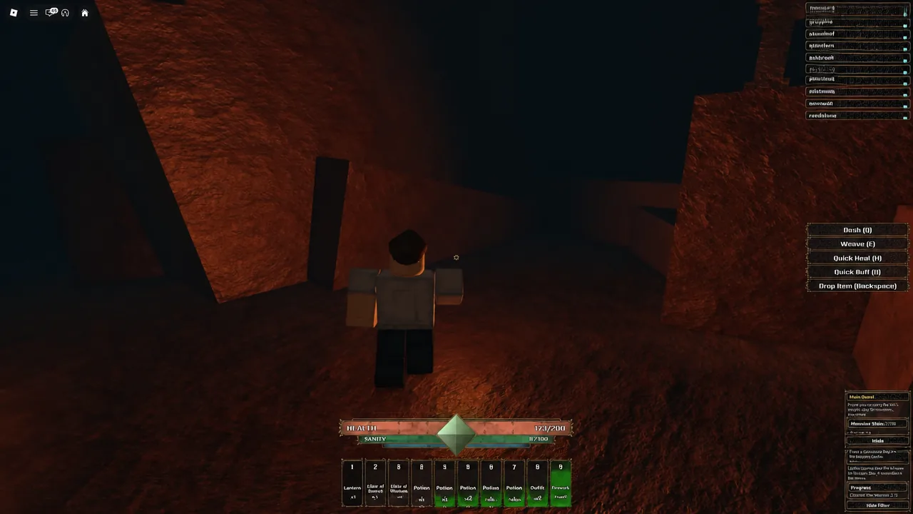 Cave corridor in The Veil with the side control panel showing the Quick Heal H hotkey
