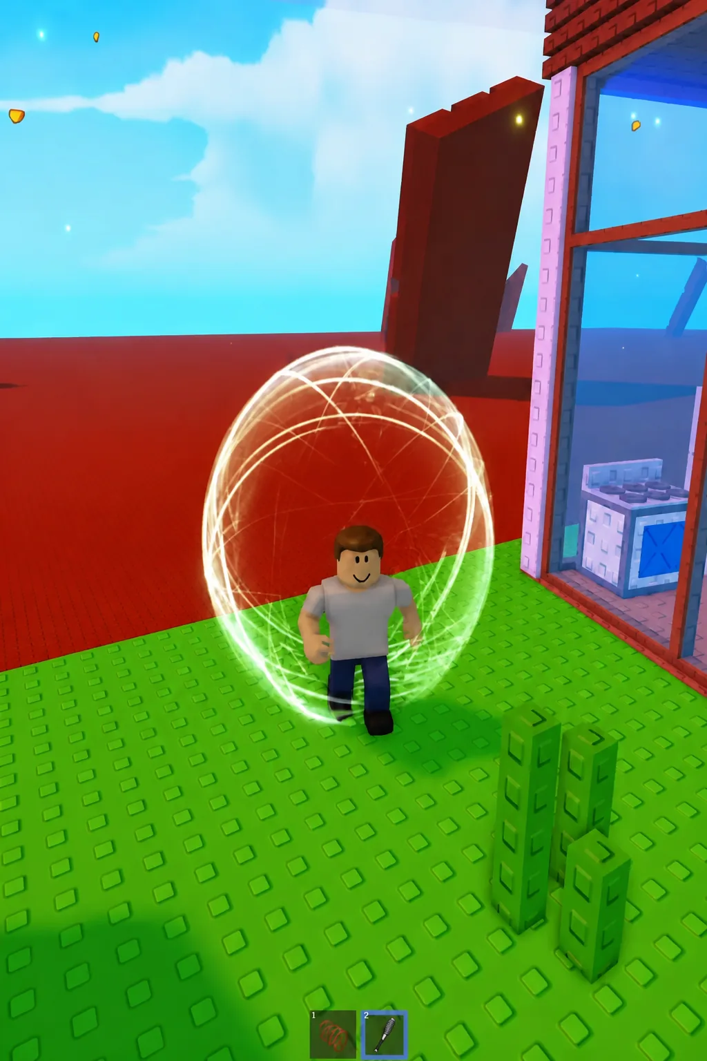 Avatar surrounded by a glowing protective bubble after touching Sir Mangus