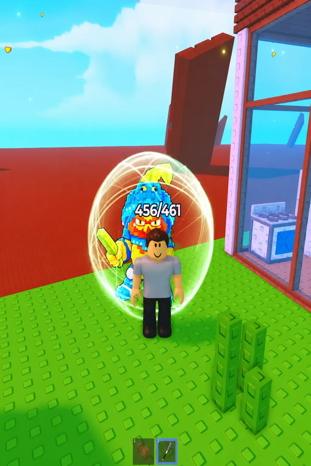 Player standing next to the blue armored Sir Mangus character with the bubble shield active
