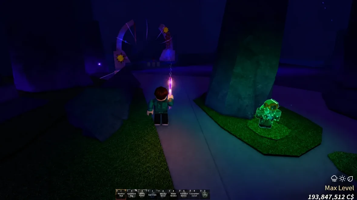 Fisch player holding a glowing pink rod while walking toward a green glowing point of interaction