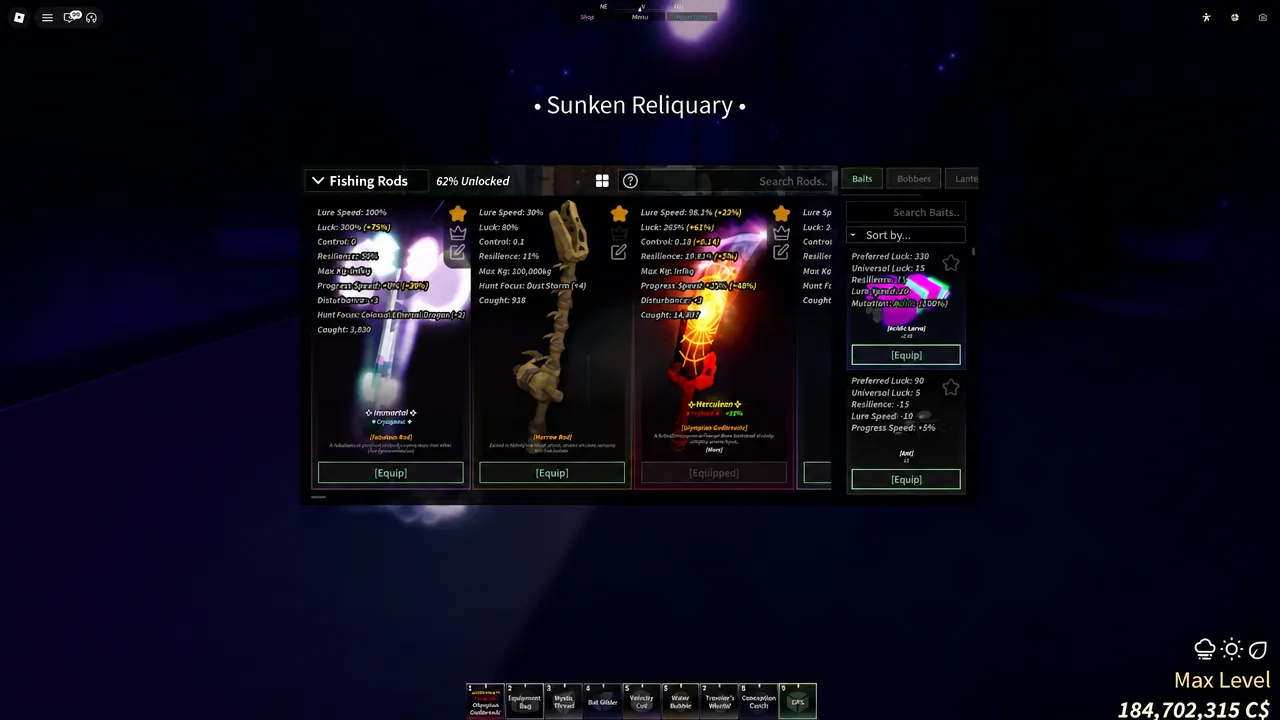 Fishing Rods menu open at the Sunken Reliquary in Fisch with the Baits tab selected