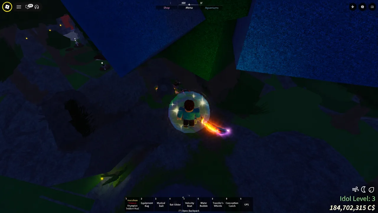 Fisch player activating the Water Bubble item from the Menu tab, surrounded by a glowing bubble