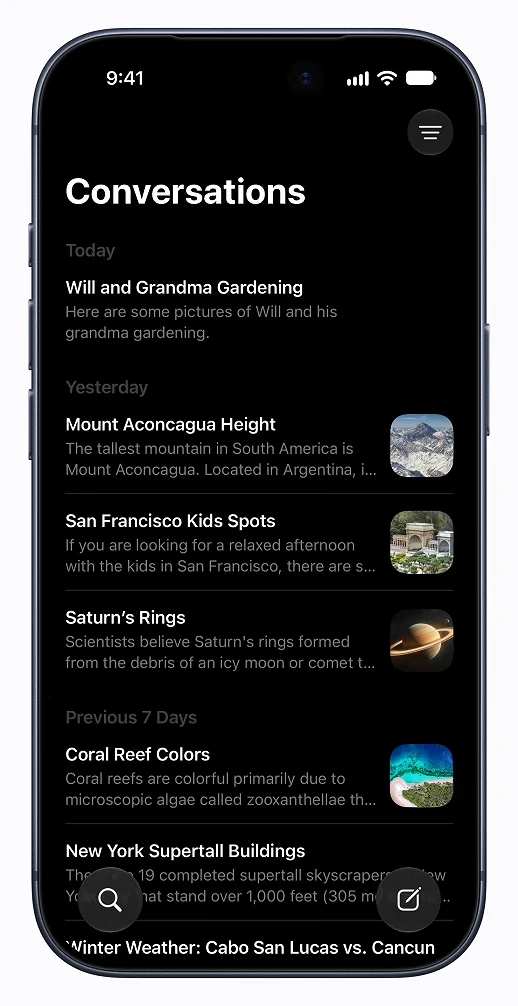 The Siri app's Conversations list grouped by day