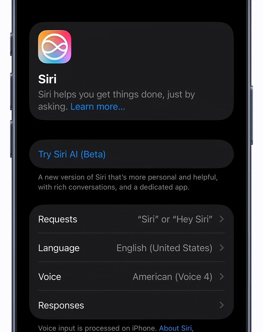 Siri settings screen with the Try Siri AI (Beta) row