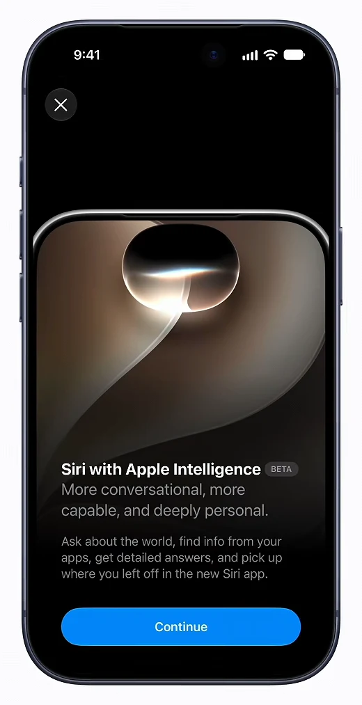 Siri with Apple Intelligence introduction screen with a Continue button