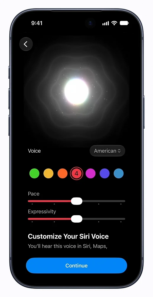 Customize Your Siri Voice screen with voice, pace and expressivity controls
