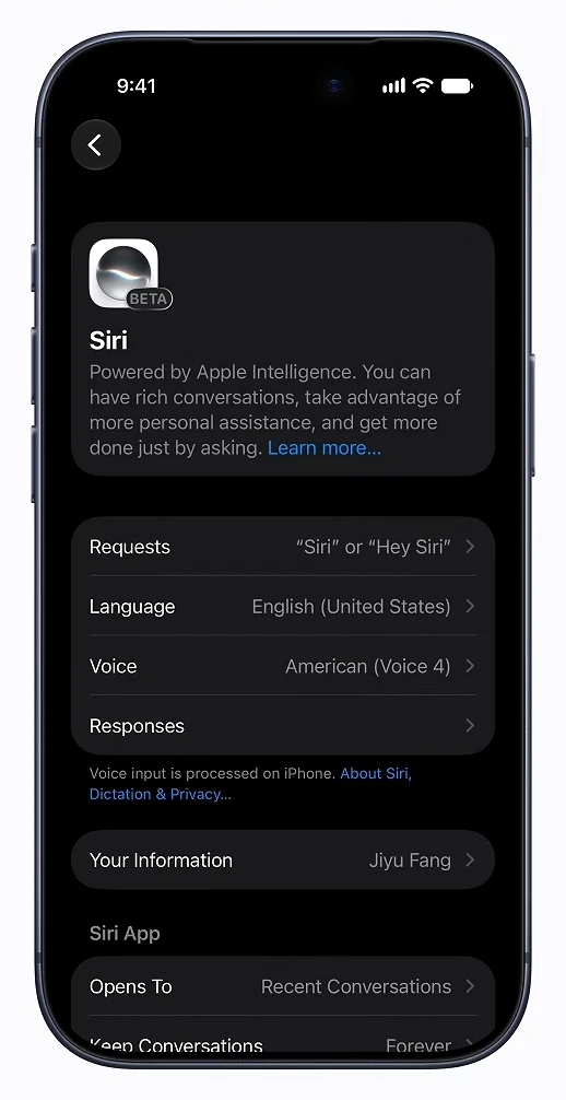 Siri settings after Siri AI is enabled, showing the Beta badge and new entries