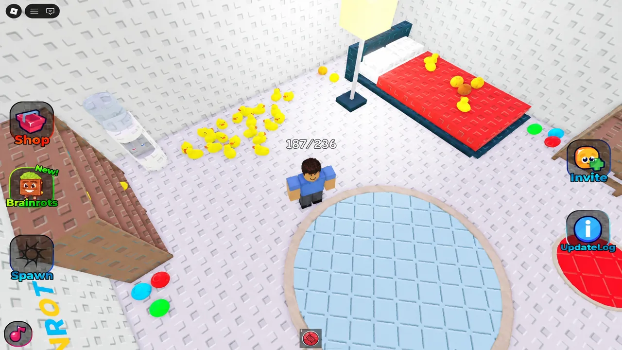 Player avatar standing in the base area of Find the Brainrot with the Spawn button on the left