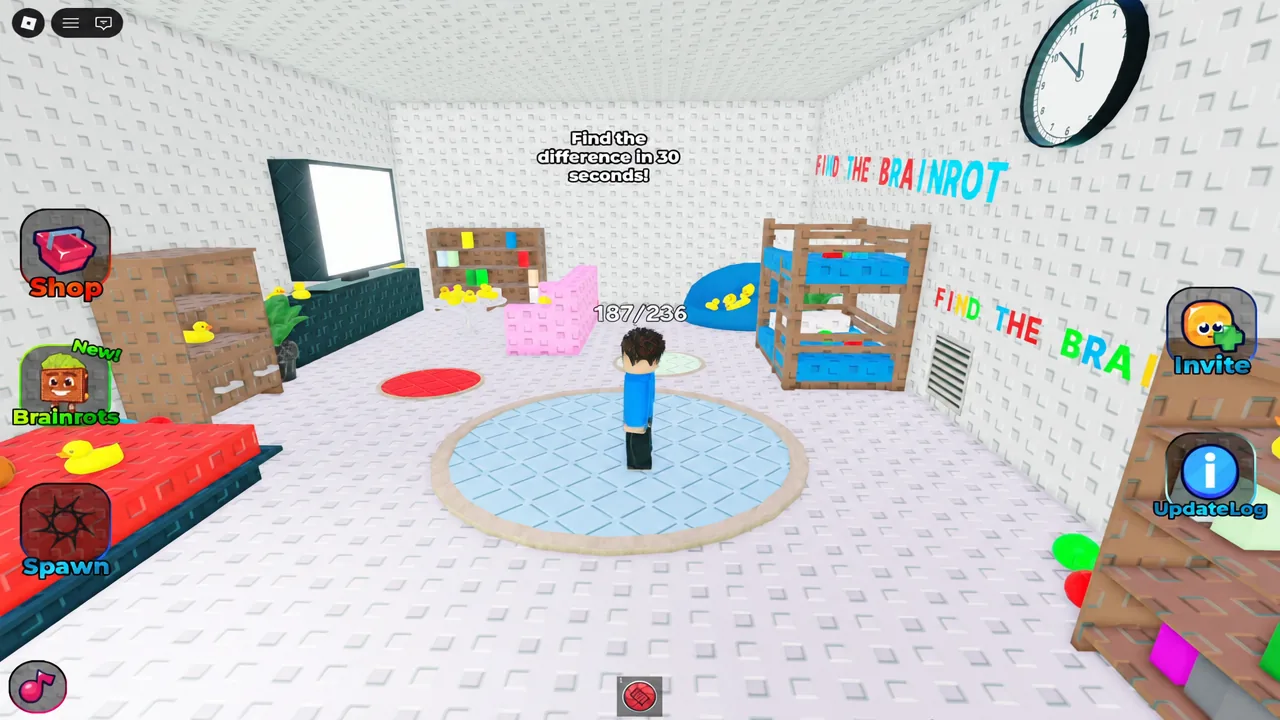 On-screen prompt reading Find the difference in 30 seconds while the player searches the reset room