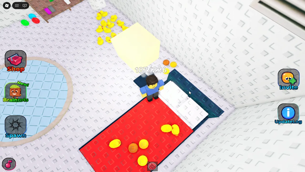 Avatar collecting items on the red platform with the brainrot collection progress shown on screen