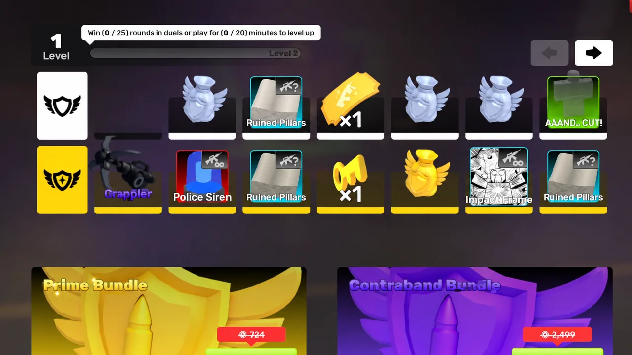 RIVALS Season Pass level 1 screen showing the level-up objective and reward cards
