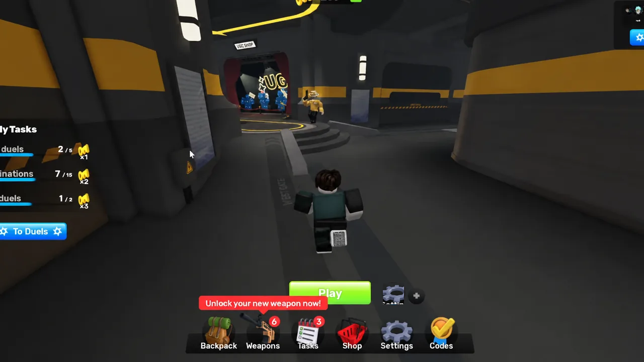 RIVALS screen with the Weapons button highlighted alongside an unlock your new weapon prompt