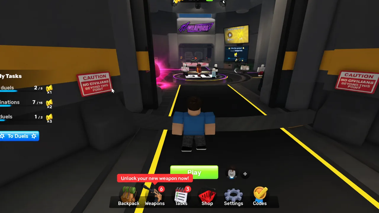 RIVALS lobby with the green Play button highlighted as the avatar walks toward it