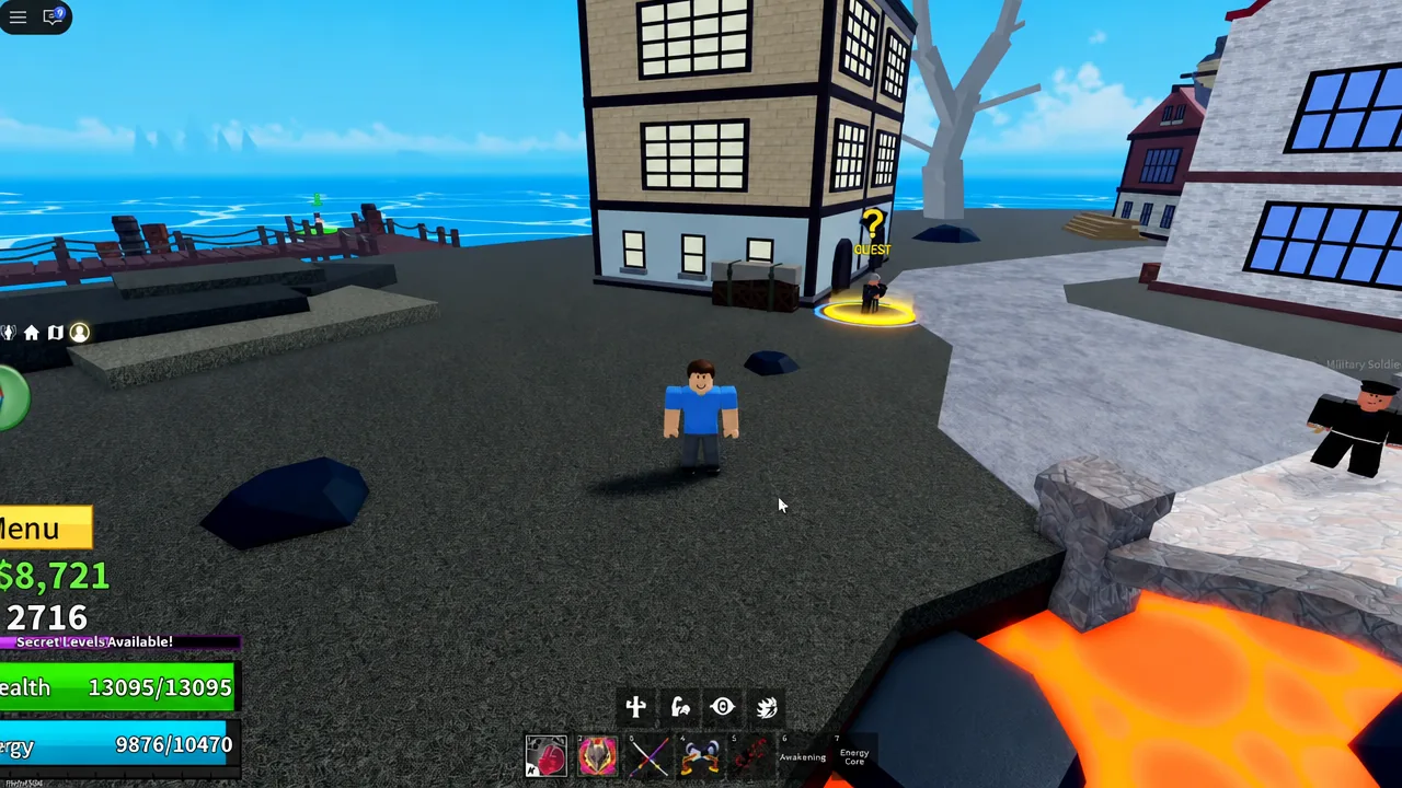 Quest NPC in Magma Village marked with a yellow indicator as the player walks up