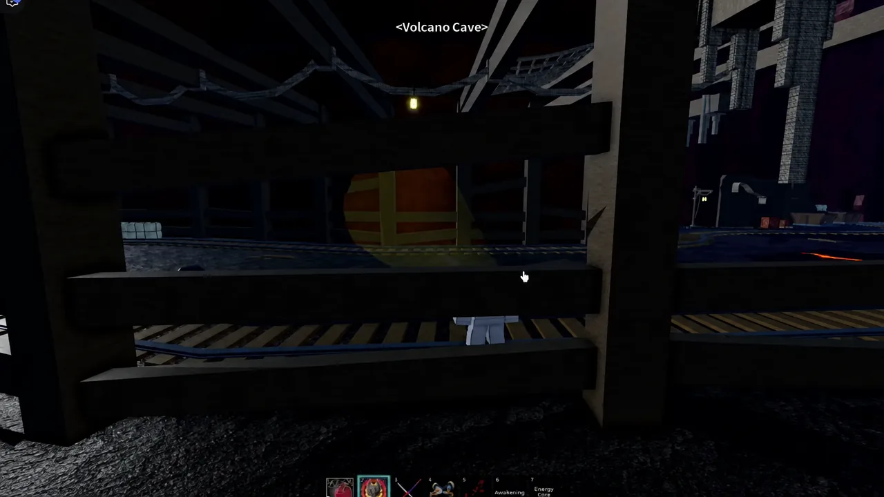 Inside the Volcano Cave, aiming along the mine track that leads deeper underground