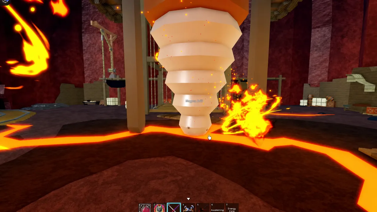 Attacking the Magma Drill surrounded by lava at the end of the cave tunnel