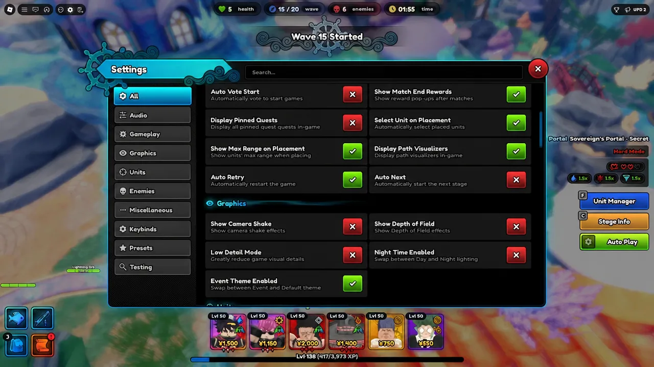 Settings menu open on the All tab showing gameplay and graphics toggles