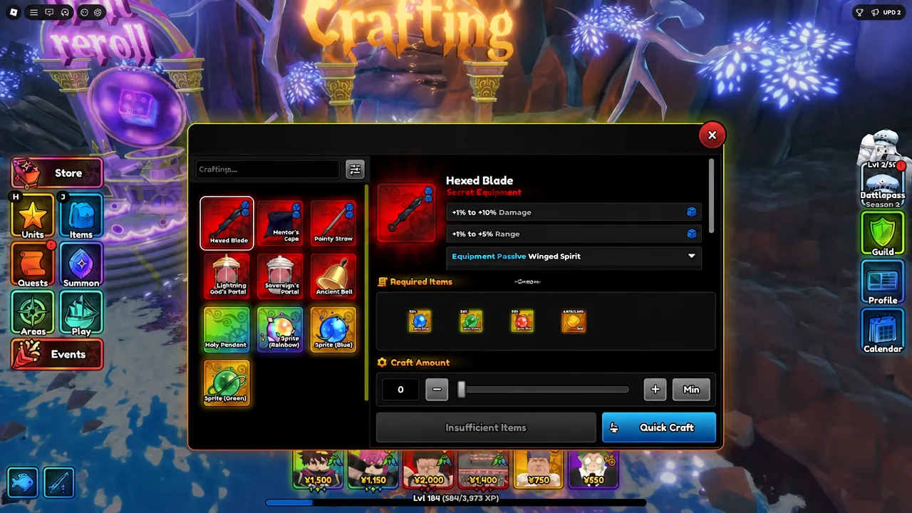 Crafting station panel with a recipe selected and its required item list shown on the right