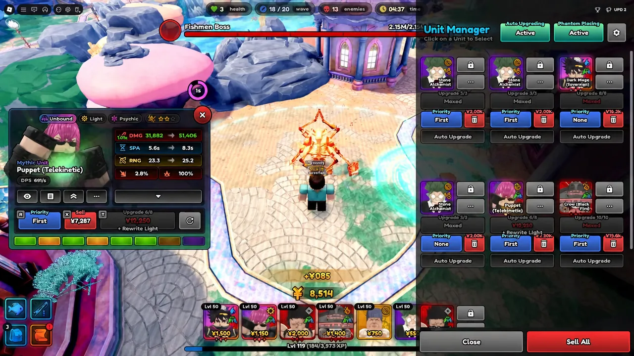 Unit Manager screen with a placed unit selected and its priority and upgrade controls visible