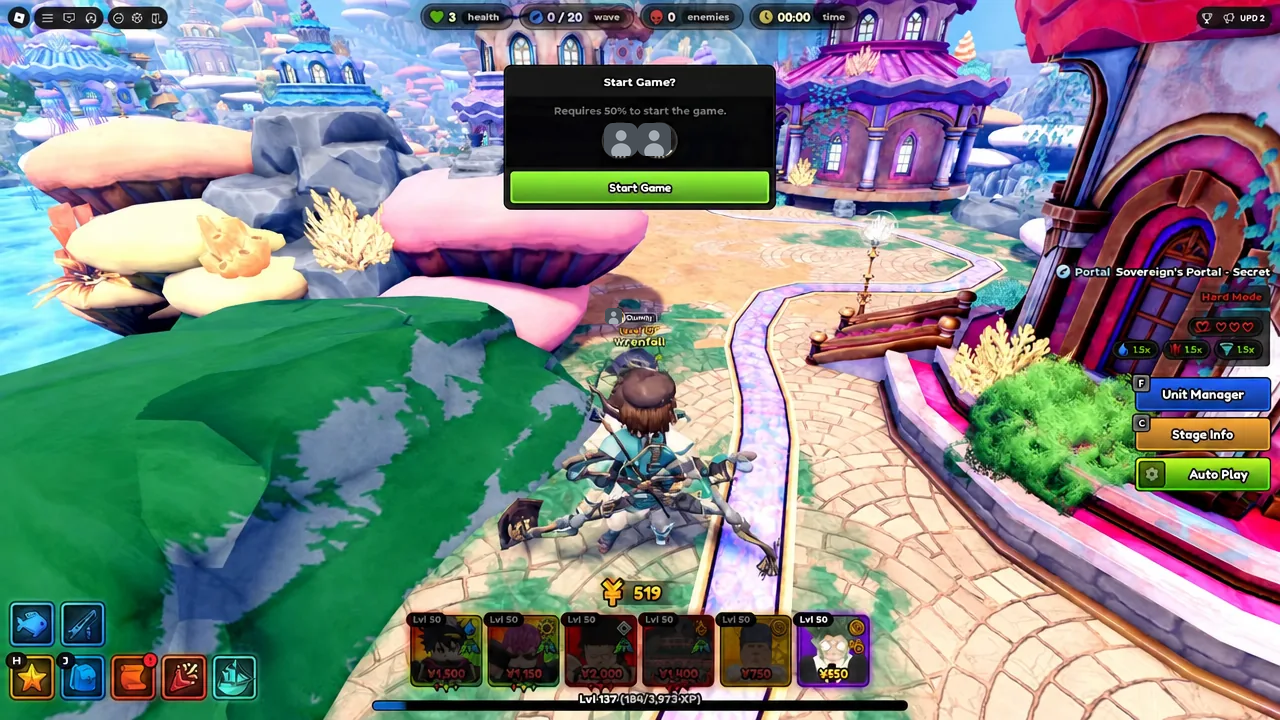 Start Game confirmation dialog with the Start Game button highlighted in the portal lobby