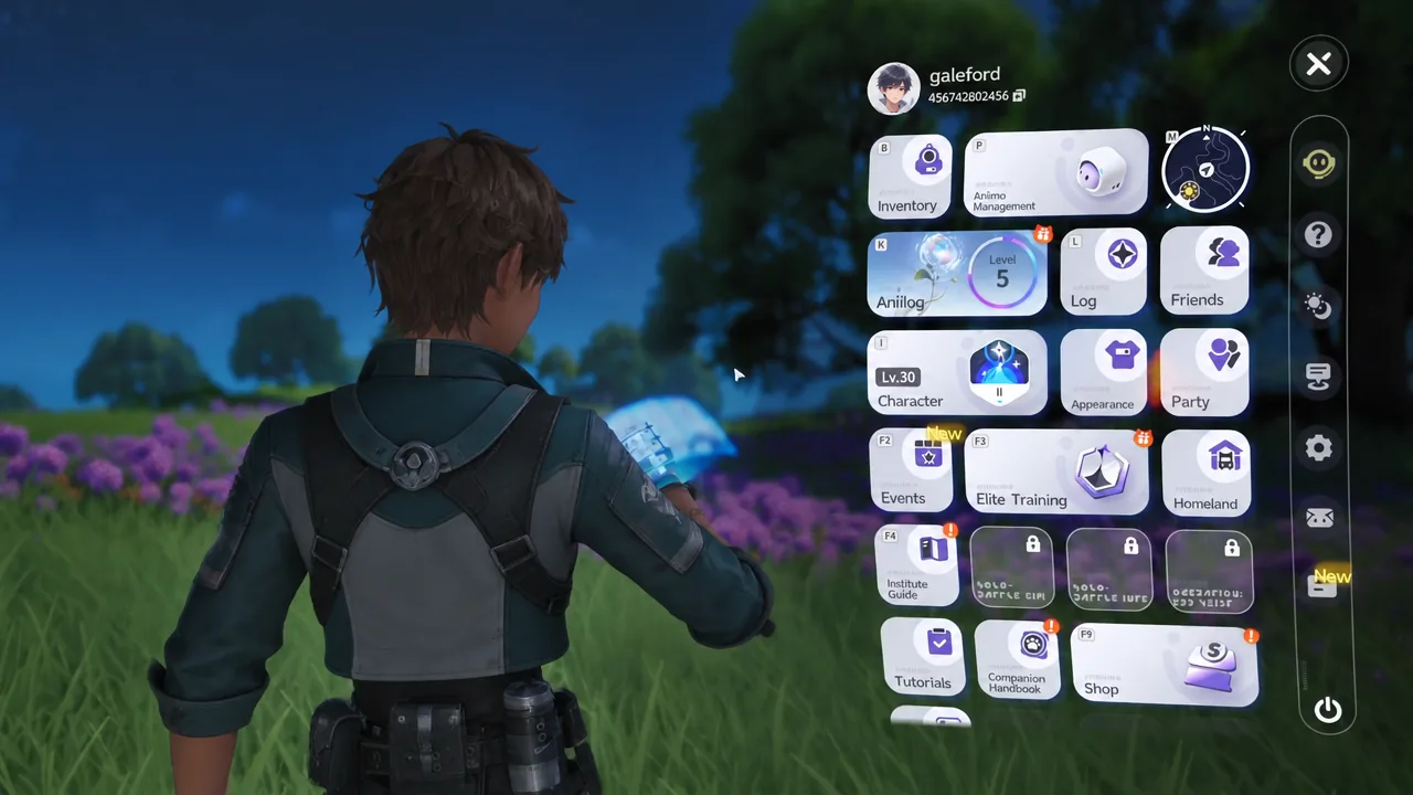 Aniimo main menu overlay open with the Inventory option visible
