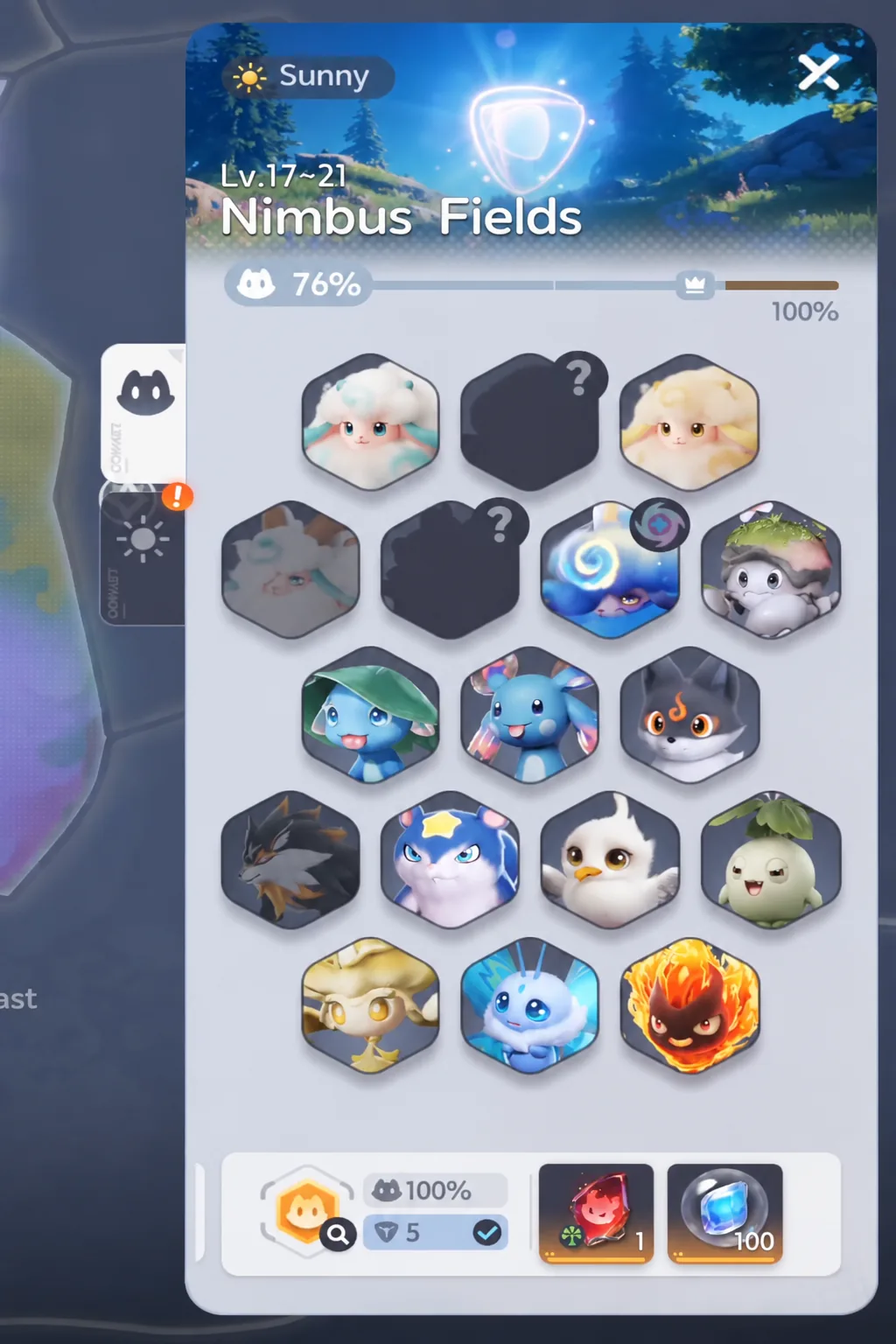 Nimbus Fields collection page showing creature discovery progress at 76 percent