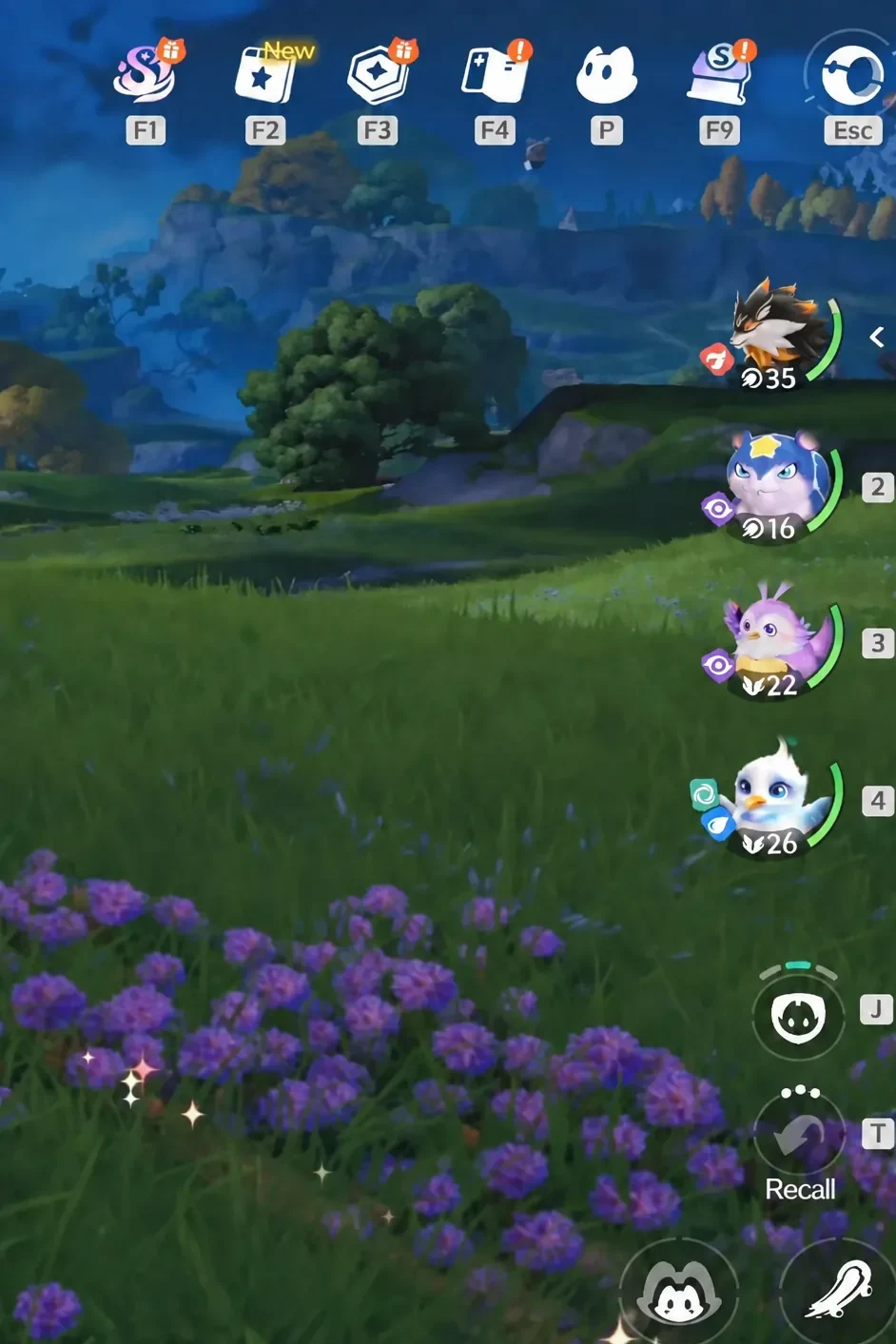 Exploration HUD with the party bar and Recall prompt visible while crossing the field