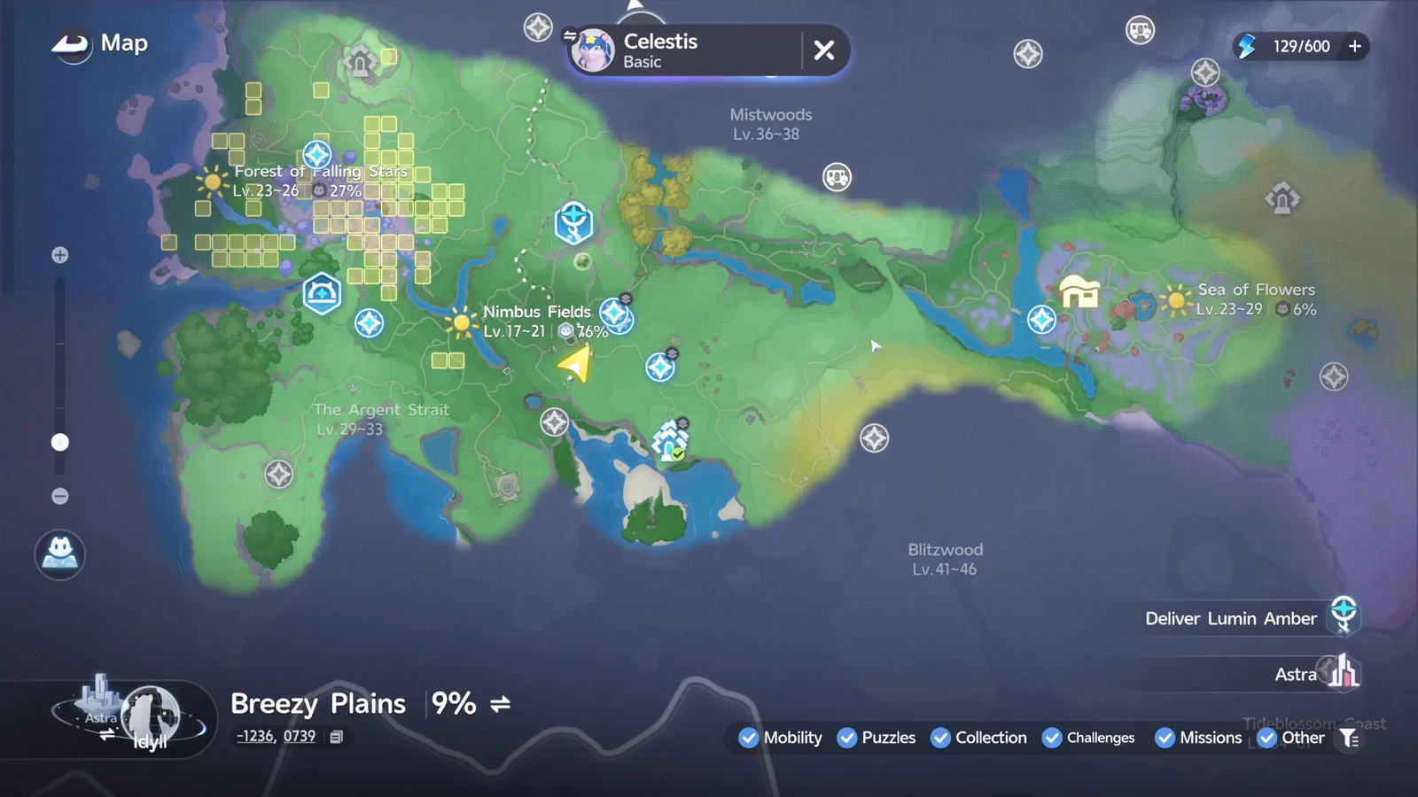Breezy Plains map screen with the player marker sitting just outside Nimbus Fields