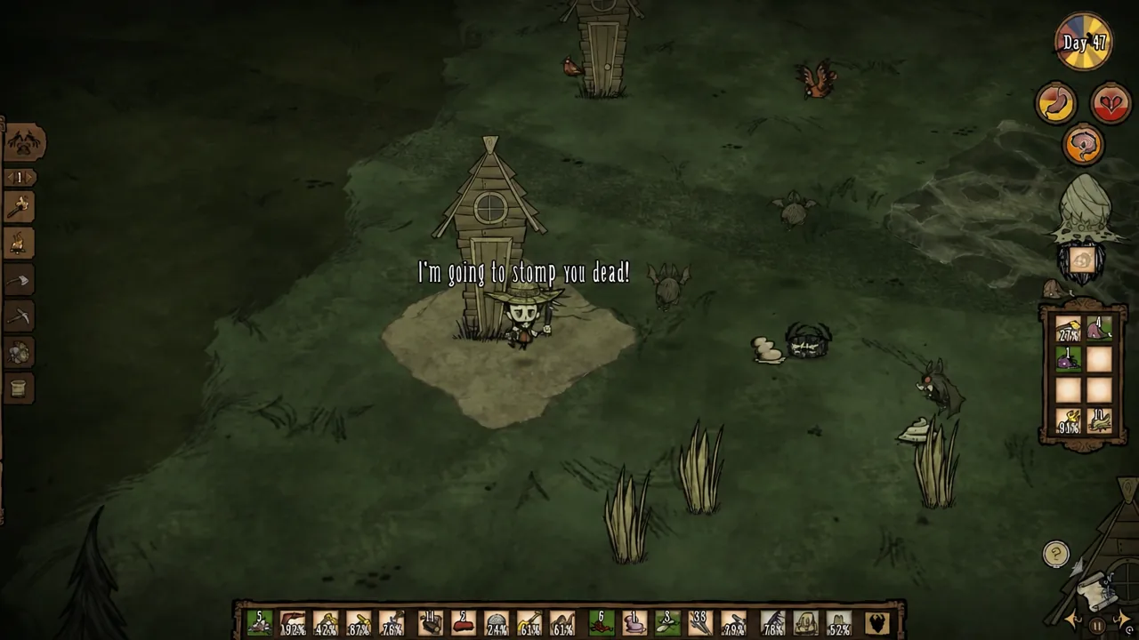 Gameplay screen with the character fighting beside a Pig House, HUD and inventory visible