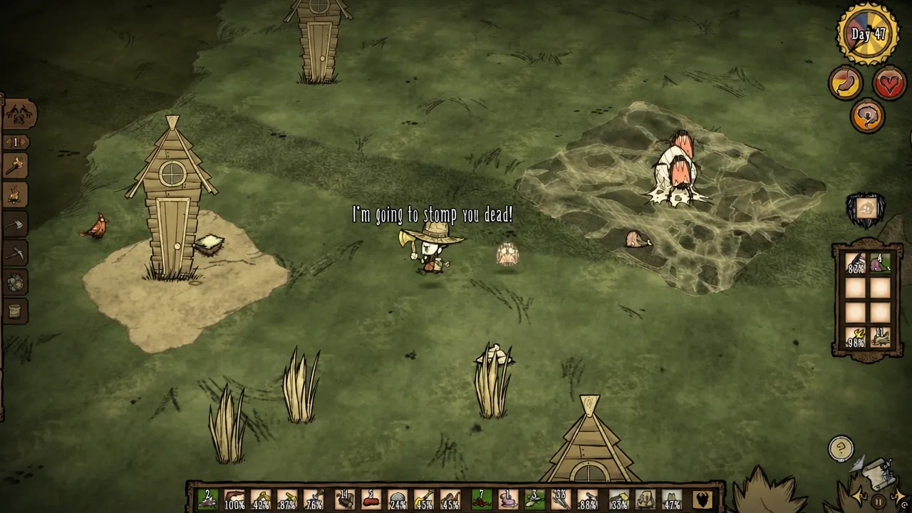 Player character swinging at spiders in the open after luring them away from the nest