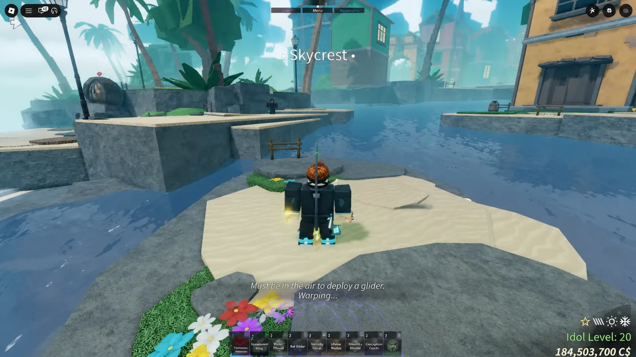 Warping status appears on screen as the character travels to Skycrest in Fisch