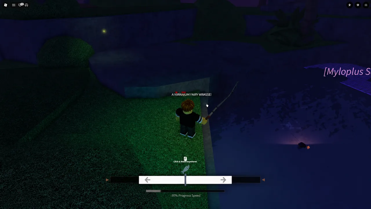 Fishing minigame with the Click and Hold Anywhere prompt above the control bar