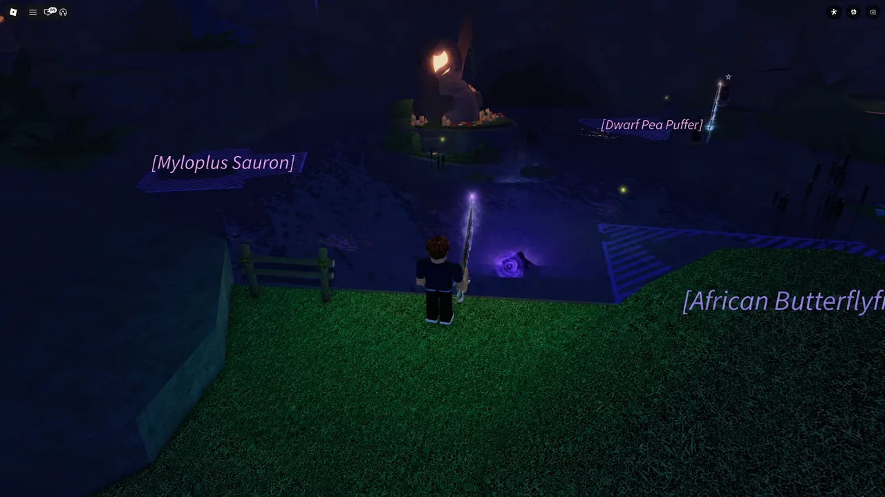 Player walks toward a glowing purple object past labelled fish including Myloplus Sauron