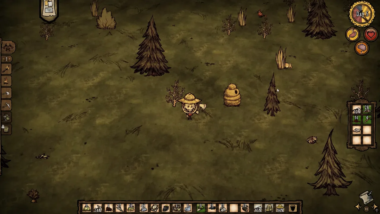 The survivor walking up to a beehive in the forest with the survival HUD on screen