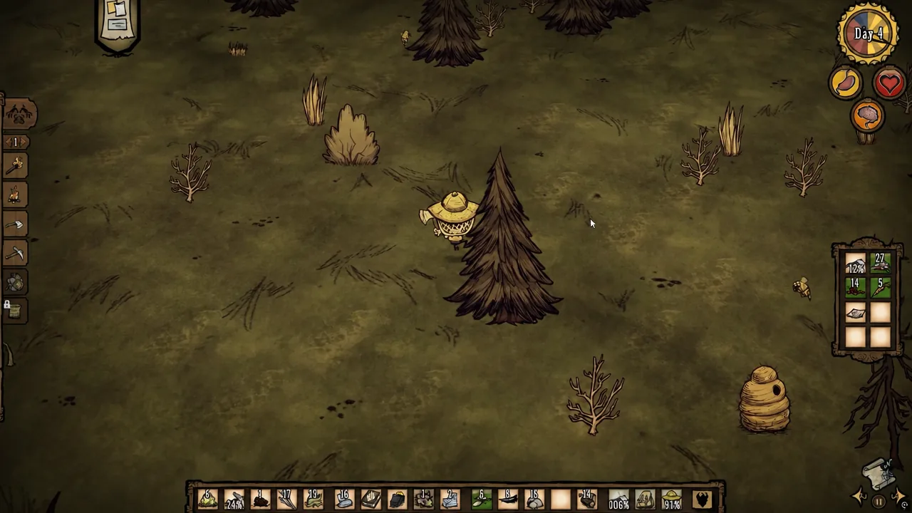 Day 4 gameplay with the survivor walking through forest beside an evergreen, HUD visible