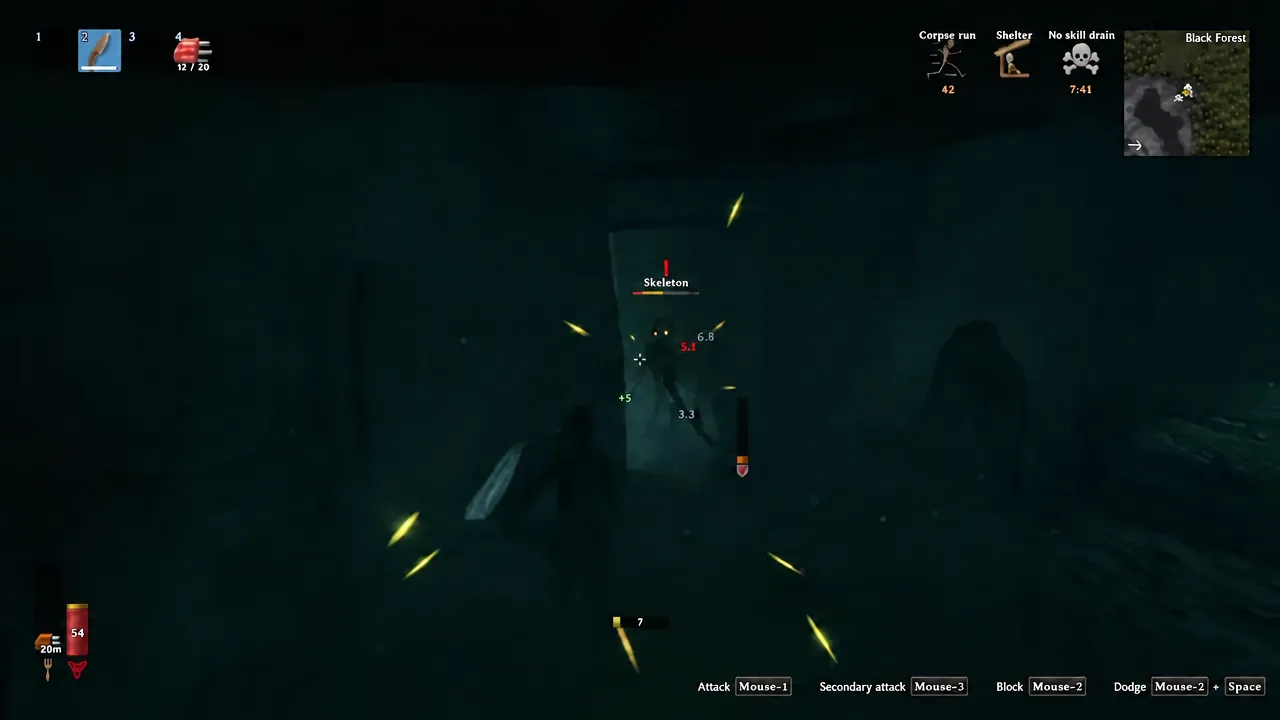 Skeleton nameplate visible as the player swings mid-attack inside a dark dungeon corridor