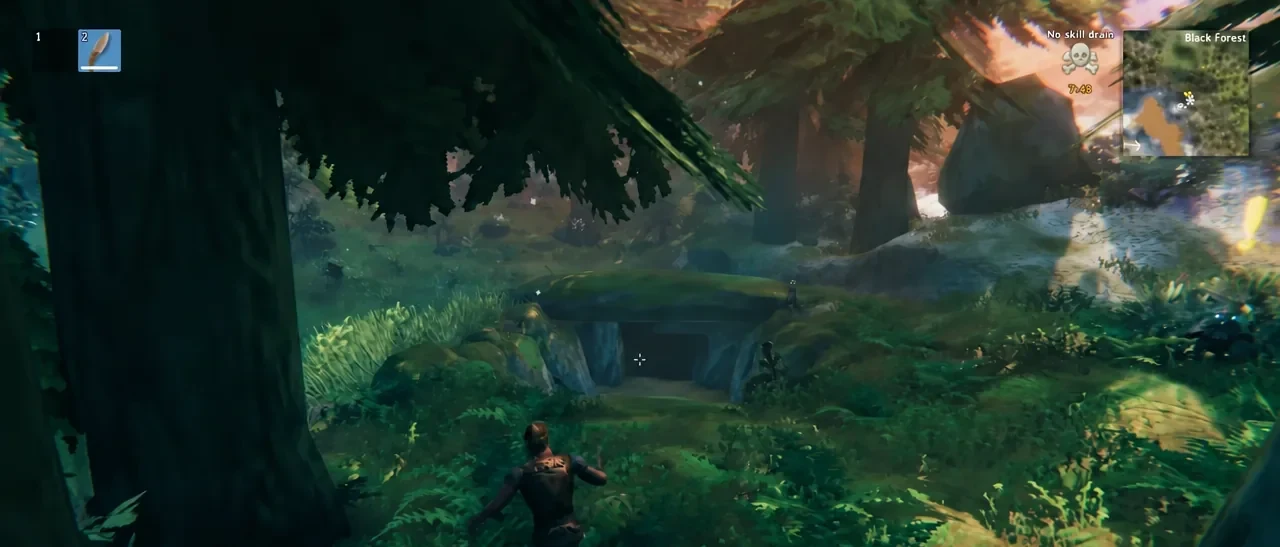 Player walking toward a stone dungeon entrance in the Black Forest with a hotbar slot selected