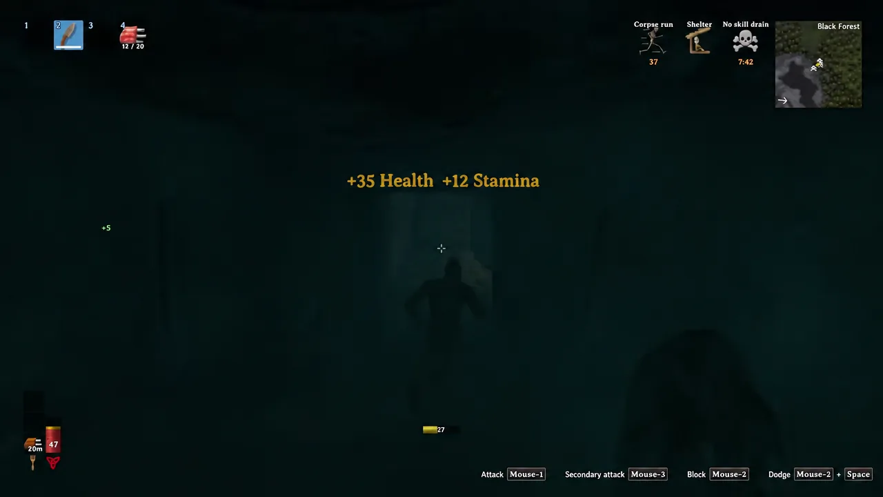Valheim HUD showing a food buff granting plus 35 Health and plus 12 Stamina