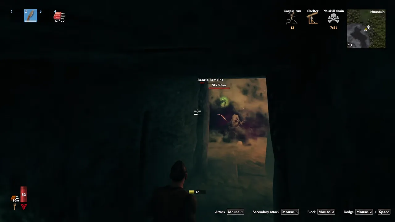 Player striking a Rancid Remains skeleton in a dark dungeon corridor