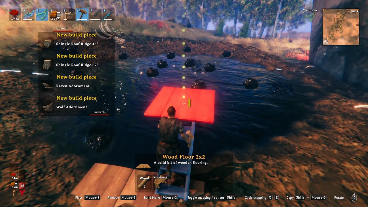 Wood Floor 2x2 highlighted in the Valheim hammer build menu while being lined up for placement