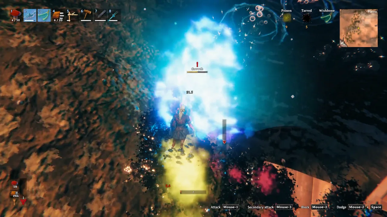 Player firing a bright elemental attack at an enemy near a Plains tar pit in Valheim
