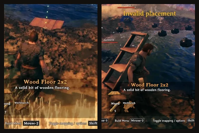 Side-by-side Valheim build previews of a Wood Floor 2x2, one snapping into place and one rejected