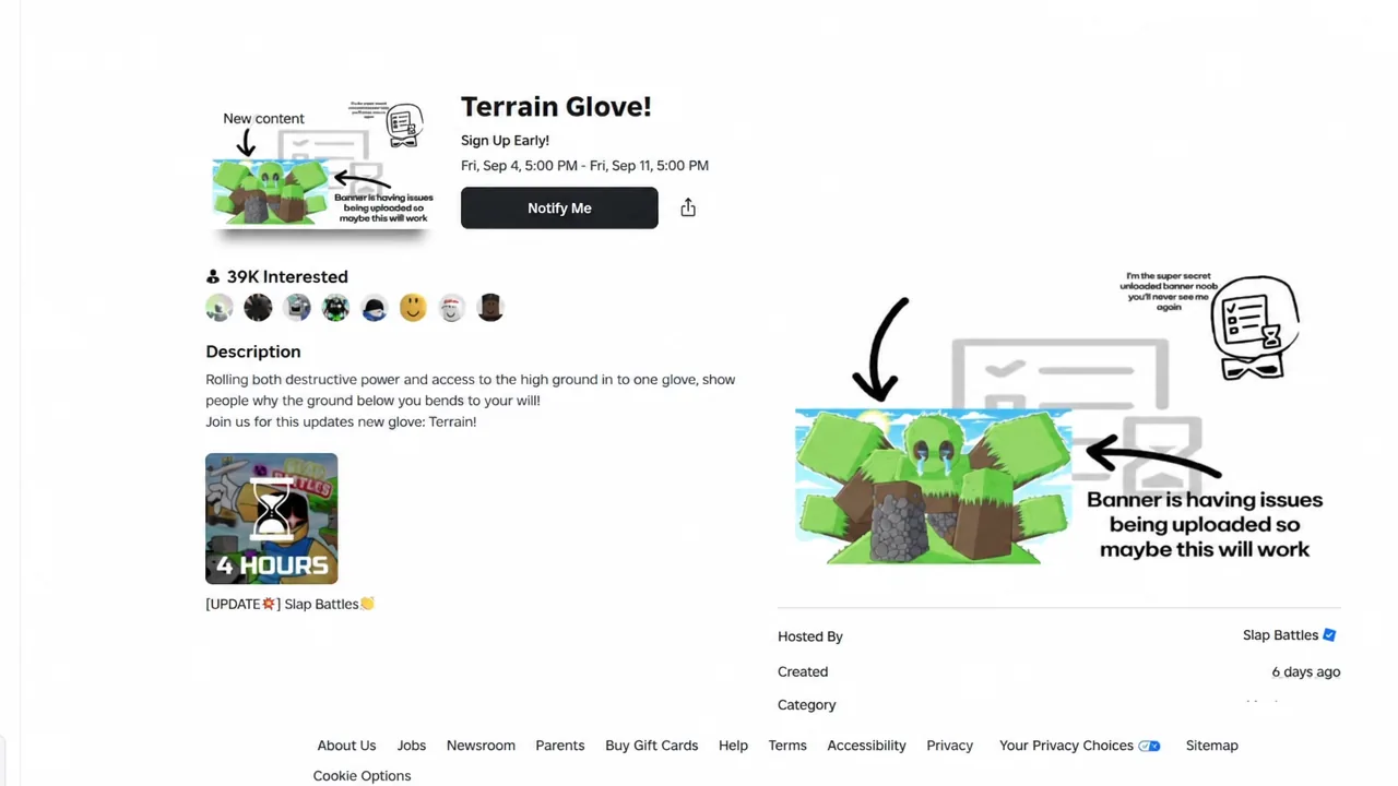 The Terrain Glove event page on Roblox showing the notification sign-up button