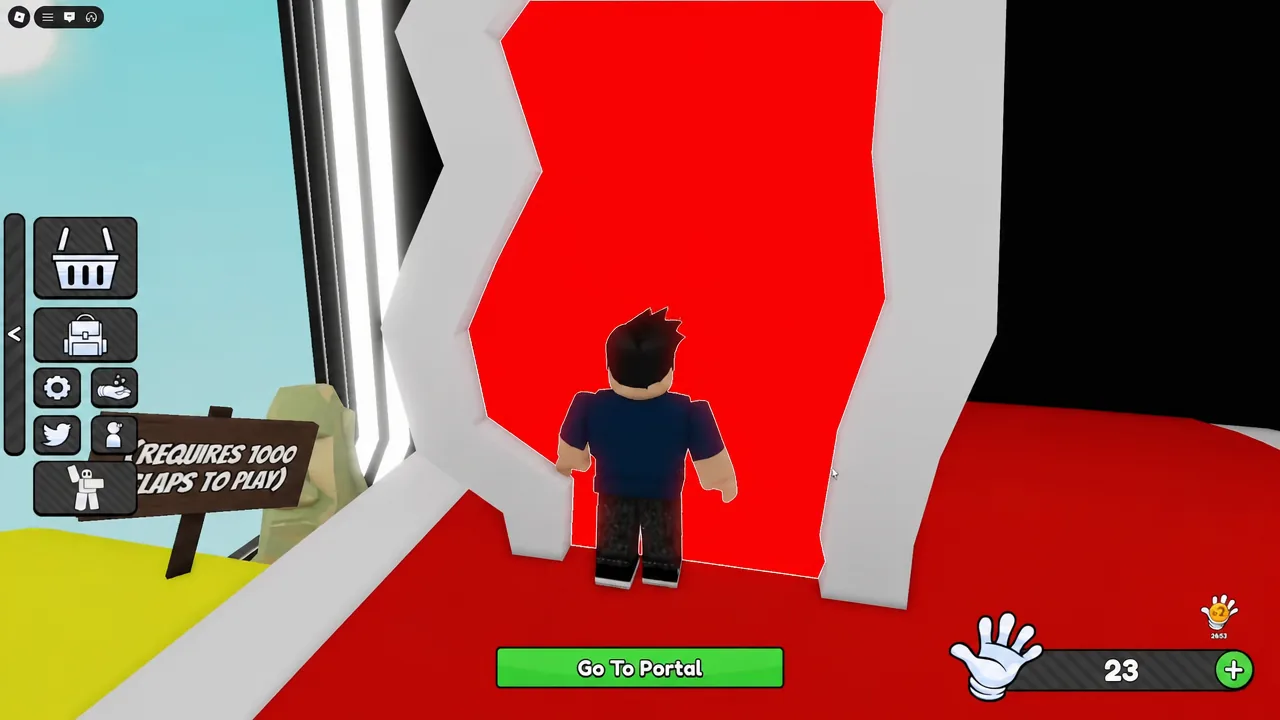 Green Go To Portal button on screen next to the red arena portal in Slap Battles