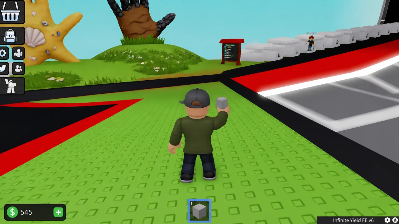 Hotbar slot 1 highlighted with a gray block equipped in the player's hand